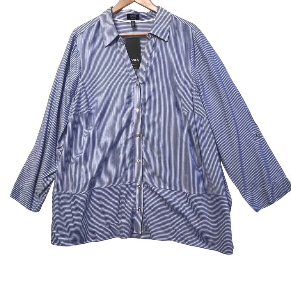 Jones New York Signature Blue Striped Button‎ Down Tunic Top Womens Plus 1X NWT